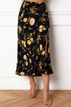 Saia Midi Irena Floral Preta