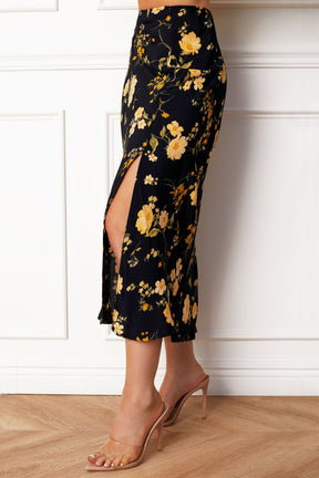 Saia Midi Irena Floral Preta